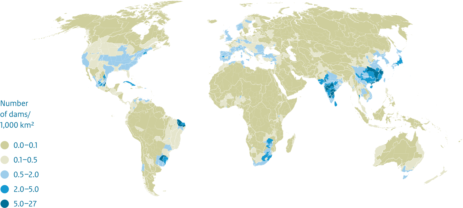 Dams are one of the main human interventions in rivers. This world map shows the density of dams in all world regions. It is the highest in Asia, followed to a lesser extent by the United States and parts of Europe, Brazil and Southern Africa.